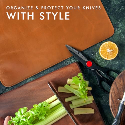 Image of ELIZO Leather Knife Roll Bag Professional Chef Knife Case, Durable Knife Sheath Holder, Cooks & Culinary Tools Carrying Storage, Portable Knife Wrap - 4 Slots