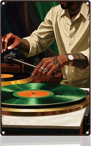 Discos de vinilo de caballero con letrero de lata de metal retro para decoración de pared de 8 x 12 pulgadas, tocadiscos musicales, póster de arte