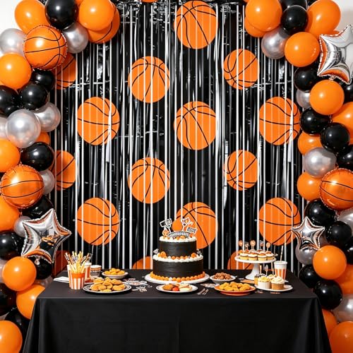 Image of 2 Packs Basketball Foil Fringe Curtain, Black Orange Basketball Pattern Metallic Tinsel Backdrop for Birthday, Baby Shower, Game Day, Team Celebrations, Sports Party Decorations Favor Supplies