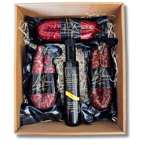 LUX IBÉRICO - Cesta Gourmet para Regalar 'Guadiana' – Cesta de Navidad– Lote con Chorizo, Salchichón, Patatera y Aceite de Oliva - Regalo Original - Pack Regalo de Empresa para Empleados y Clientes