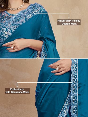 Image of TRENDMALLS Women's Designer Rangoli Silk Embroidered Saree with Floral Cutwork Border, Sequin Work and Unstitched Blouse Piece For Women