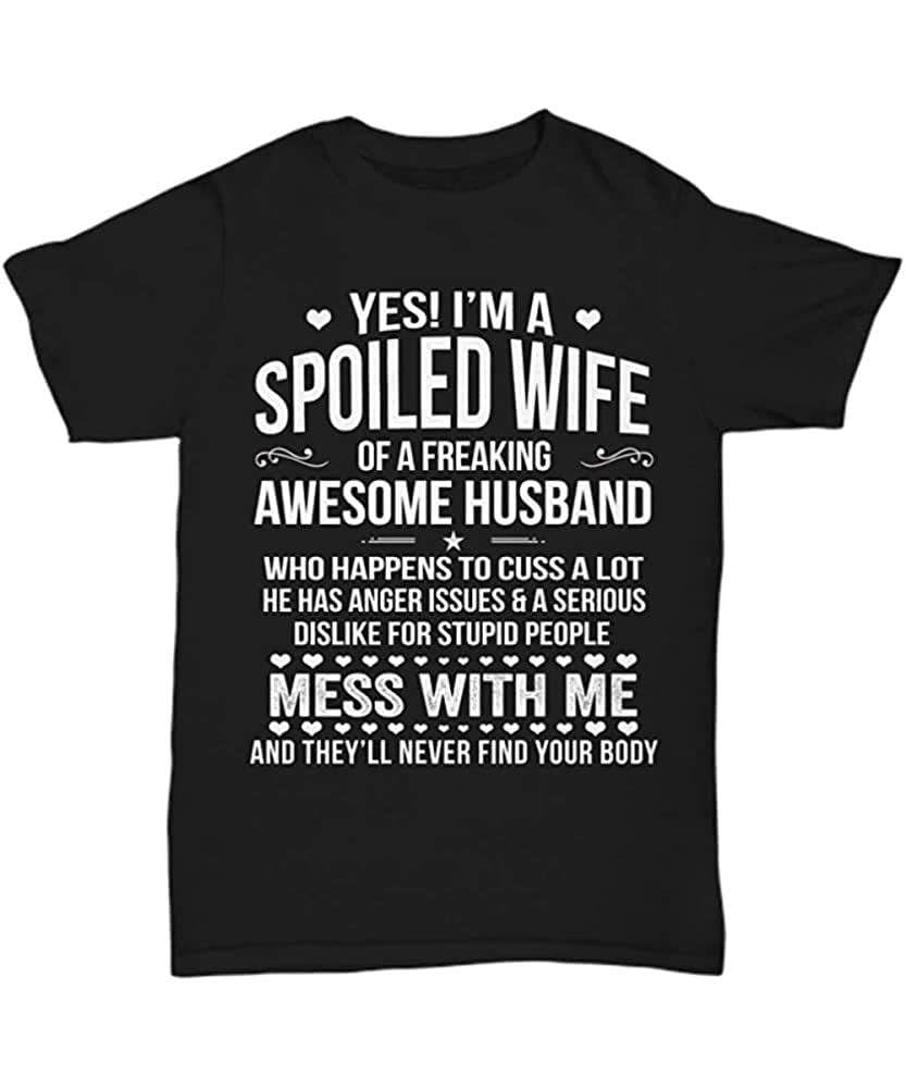 Ouqiao Men's Black I'm A Spoiled Wife T-Shirt From Awesome Husband Funny Husband Wife Gift Love Tee L