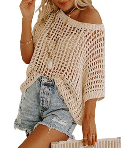 Image of Womens Summer Cover up Beach Sweater Scoop Neck Short Sleeve Crochet Hollow Out Knit Tops Pullover Shirts