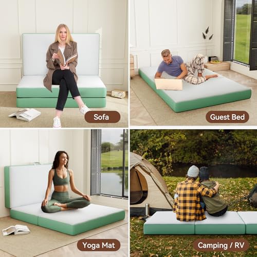 Image of ROXGOX Memory Foam Trifold Mattress, 4 Inch Single Foldable Mattress, Portable Floor Bed with Washable Cover, Handle & Non-Slip Bottom, for RV, Travel, Camping, Yoga, 75 inchx25 inchx4 inch, White Green