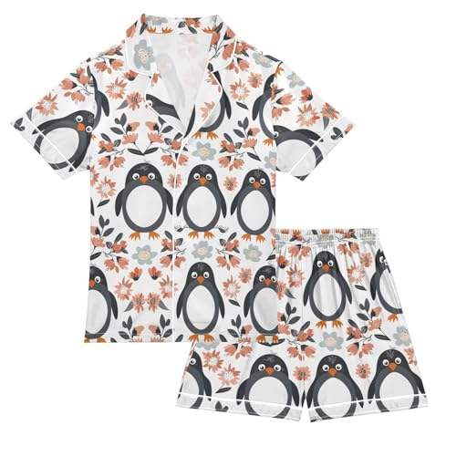 ALAZA Cartoon Penguin Blossom Flower Satin Pajamas Set Short Sleeve Button Down Sleepwear Summer Pjs 2 Piece