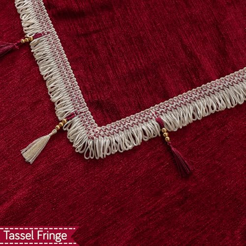 Image of HOKIPO 'Serenity Tassel' Chenille 3 Seater Sofa Cover with Tassel - Crimson Ruby (IN-892-MRN)