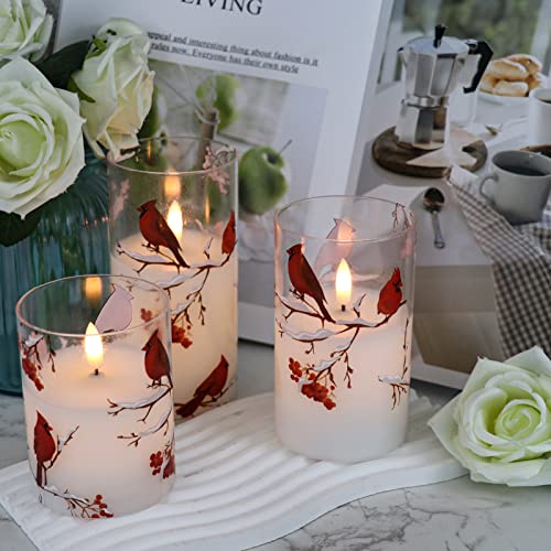 Image of GenSwin Red Bird Glass Flameless Candles with Remote Timers, Battery Operated 3D Wick Led Flickering Light, Real Wax Pillar Candles for Christmas Home Decoration(Pack of 3, 3 inchx4 inch5 inch6 inch)