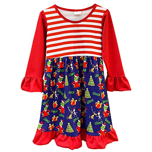 AQHOFSV Baby Girl Merry Christmas Dress Christmas Kids Dress Cartoon Christmas Long Sleeves Boutique Winter Dress