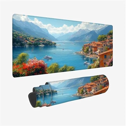Paysage Tapis de Souris 700x300X3mm Petite Ville sous Main Bureau Accessoire à Base en Caoutchouc Antidérapante et Bords Cousus, Mouse Pad pour Bureau Vitesse et la précision Améliorées, Model-4254