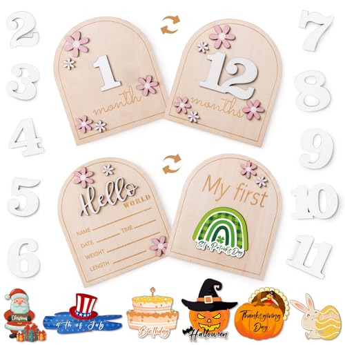 Image of Baby Monthly Milestone Sign for Hospital: My First Holiday Wooden Daisy 3D Announcement Signs with Hello World - Newborn Birth Photography Props Gifts for Nursery Welcome Baby Shower