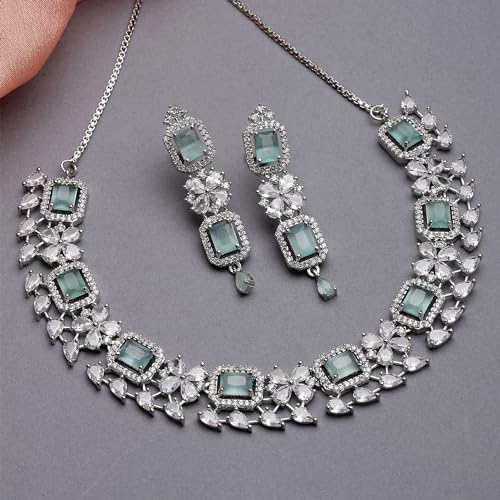 Rhodium-Plated American Diamond Necklace and Earrings Set