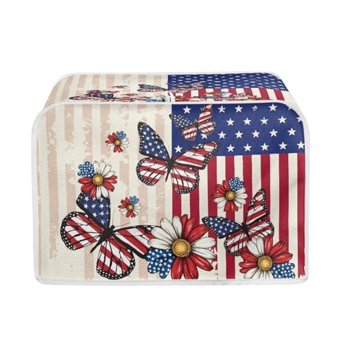 Image of Talayituse Butterfly Daisy American Flag Print Toaster Cover 4 Slice Wide Slot, 4th of July Lightweight Bread Maker Cover Dust Protection Washable Appliance Bag, M