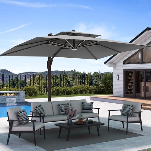 Image of Deconk 9' X 12' Patio Umbrella with Weighted Base and LED Lights Outdoor Cantilever Large Rectangle Offset Umbrellas Heavy Duty Aluminum Double Top with 360-degree Rotation for Pool Garden Deck, Grey