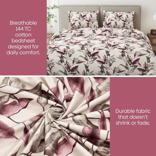 Image of Haus & Kinder Double Bed Bedsheet for Queen Size Bed with 2 Pillow Covers 90 Inch x 100 Inch | Premium Soft & Silky Pure Cotton 144 TC Flat Double Bedsheet | Florence Leaf Peach