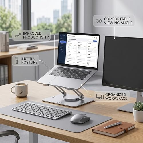 Image of COOLCOLD Laptop Stand with Detachable Magnetic Dual Cooling Fans, 360 Rotating Base, Adjustable Height & Angle, Foldable Ergonomic Laptop Holder for MacBook, HP, Dell, Lenovo (Grey)