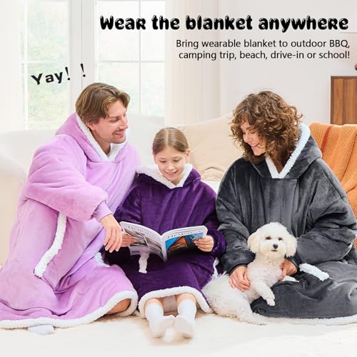 JOYWOO Purple Kids Wearable Blanket Hoodie, Oversized Cat lovers Hoodie Blanket for kids & Teens,Birthday Gifts for Girl Boys,Cozy Fuzzy Sherpa Fleece Blanket Giant Pocket Winter Gifts,Dark Purple