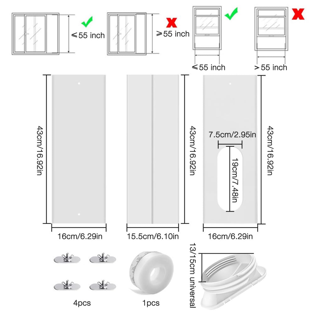 Kit Ventana Aire Acondicionado Portatil, HOVCEH 4 Piezas Kit de Ventilación de Ventanas de Aire Acondicionado 16 x 43-140 cm con Tubo de Desagüe de 13/15 cm, Kit aire Acondicionado Ventana