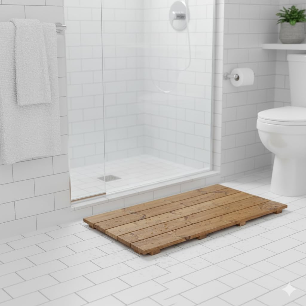 Planche de douche 100 x 70 cm en bois Thermo-Wood intérieur/extérieur, avec pieds antidérapants