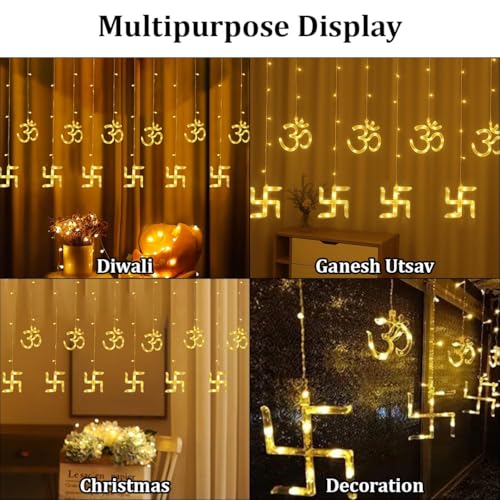 Image of fizzytech Om Swastik Curtain String Lights with 8 Lighting Modes, Warm White Decorative Hanging Fairy Lights for Home, Temple, Diwali, Christmas, Bedroom, Window & Party Decoration