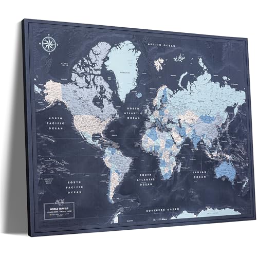 World Travel Map Push Pin on Canvas - Detailed - Travel Destinations Map World Map Wall Art - (40 x 30) by Pin Adventure map