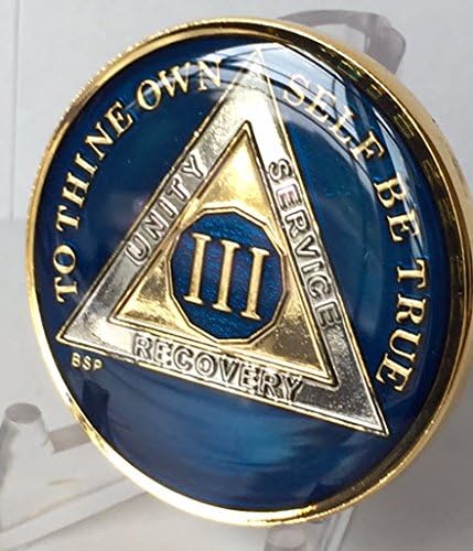 Miniatura 3 de 3 años azul medianoche AA Alcohólicos Medallón Anónimo Chip Tri Plate Oro y Níquel Chapado en Oración de Serenidad