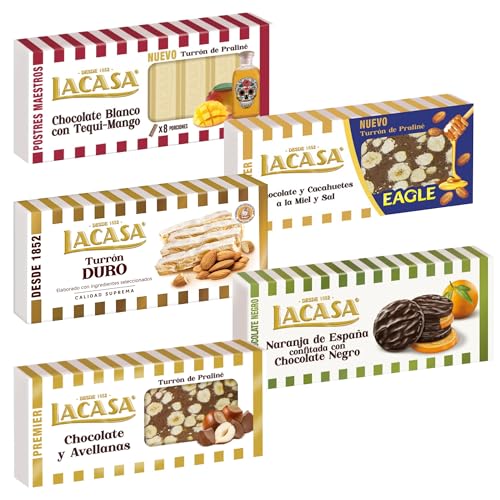 Pack Surtido 5 Turrones Lacasa:Naranja de España Confitada con Chocolate Negro, Blanco con Tequi Mango, Chocolate y Avellanas, Duro,Cacahuete Eagle