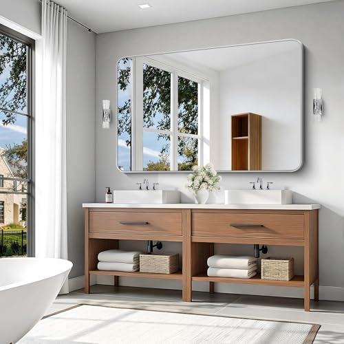 Image of KOCUUY Silver Bathroom Mirror, 60x40 Inch Large Bathroom Mirror for Over Sink, HD Tempered Glass, Anti-Rust Brushed Silver Frame, Rounded Corner Modern Design for Bathroom, Hang Horizontal /Vertical