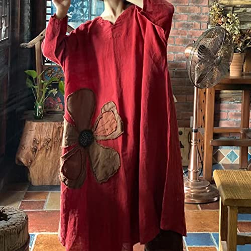 NFYM Women's Kaftan Dresses V Neck Linen Vintage Handmade Applique Flower Loose Maxi Robe Dress4
