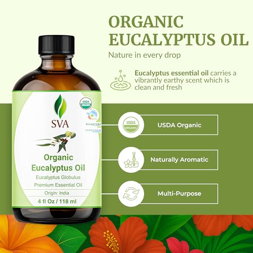 Image of SVA Organic Eucalyptus Essential Oil with Dropper, 4 Fl Oz (118 mL) | Organic Eucalyptus Oil for Diffuser, Humidifier, Spa, Sauna, Hair, Skin, Massage, Soap Making, Candle Making & DIY Projects