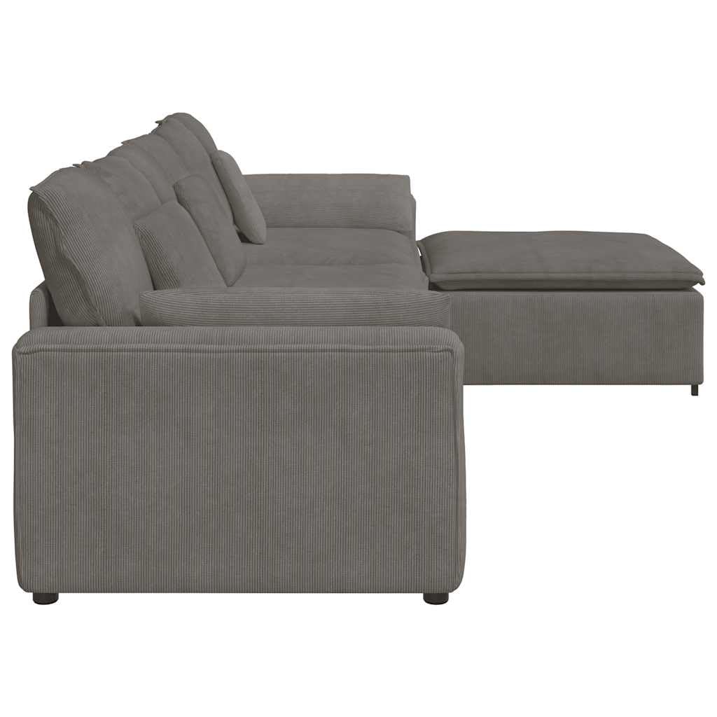 Sofá modular con reposapiés y cojín, tela de pana gris claro, 324 x 205 x 64 cm, elemento de montaje de 4 piezas con marco de metal para salón, salón, confort