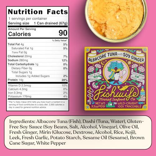 Image of Fishwife Albacore Tuna in Soy Ginger 6-Pack (3.2 Ounce) | Wild-Caught & Hand-Packed with Freshly Ground Ginger, Gluten-Free Soy Sauce, Garlic, Sesame and Spanish Olive Oil | MSC-Certified Sustainable Seafood, Gluten Free, High Protein