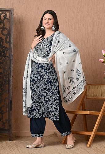 Image of Amazon Brand - Tavasya Women Cotton Anarkali Kurta Pant Dupatta Set | Printed Ethnic Suit Set | Flared Anarkali Kurta with Pant & Dupatta | Festive & Casual Wear