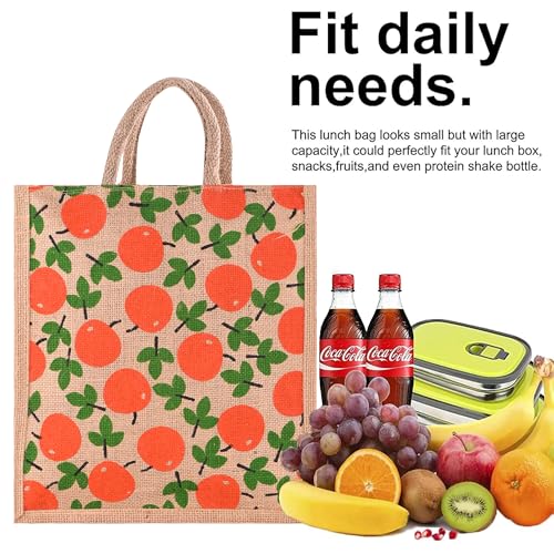 Image of Kuber Industries Jute Shopping Bag for Women with Handle | Multipurpose and Reusable Carry /Shopping Bag for Grocery | Apple Print - Brown & Red