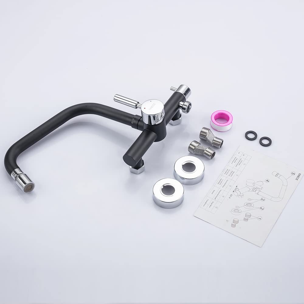 ONECE Grifo Cocina de Pared con 2 Modos, con Interfaz de Lavavajillas/Lavadora 3/4", Mezclador con Rociador de Caño Giratorio, Grifería Monomando Rotación de 360°, Acero Inoxidable 304, Negro
