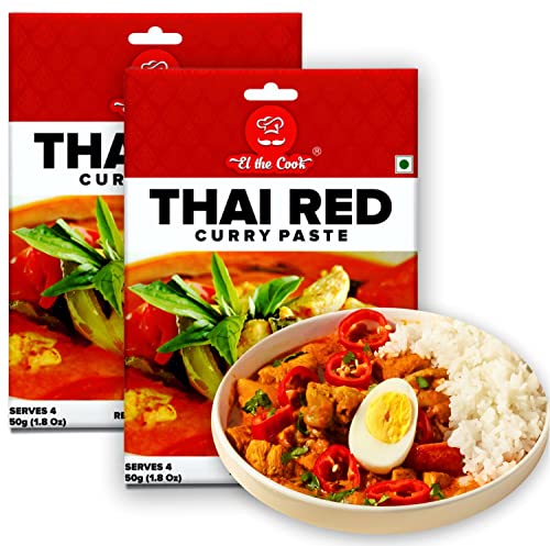 Image of EL The Cook Red Thai Curry Paste - Spicy | 100% Veg & Natural | Make Restaurant Style Chicken, Fish, Prawn, Vegetable, Tofu Thai Curry Fresh at Home | 50g Pack Serves 4-5 | Ready to Cook | Pack of 2