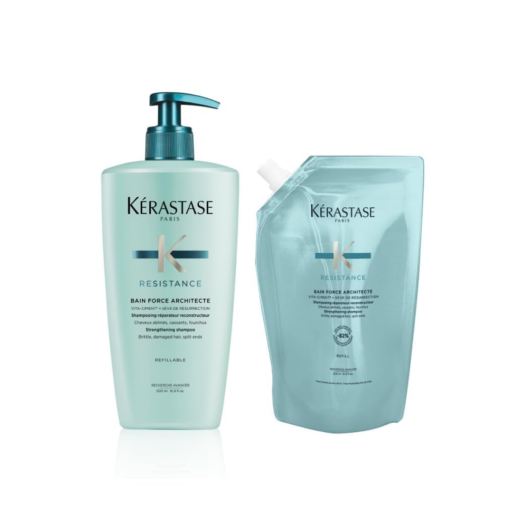 Kérastase Résistance Bain Force Architecte Nachfüllset, Regenerierendes Shampoo bei geschädigtem Haar, Enthält: Résistance Bain Force Architecte 500 ml im Pumpspender sowie 500-ml-Nachfüllpackung
