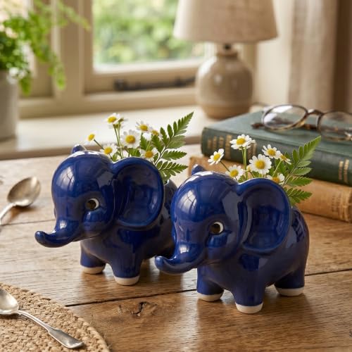 Image of High-Gloss Ceramic Elephant Flower Pot (Set of 2, Blue) | Decorative Succulent Planter & Indoor Vase for Home Decor, Office Desk, and Gifting | Cute Animal Shaped Plant Container