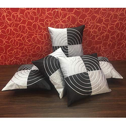 Image of Silk Dupion Spiral Maze Design Cushion Cover Set of 5 for Sofa, Living Room, Bedroom & Home Decor, Decorative Pillow Covers - Black