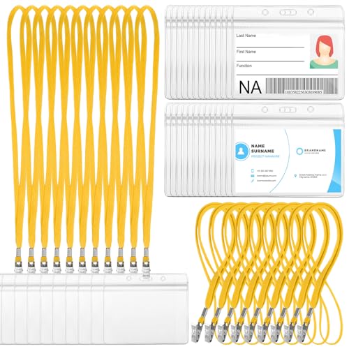 Image of Marspark 50 Sets Clear Name Tags with Lanyard, Lanyards for ID Badges Reusable Strap with ID Holder Plastic Name Badges for Adults Business School Church Conference (Yellow)