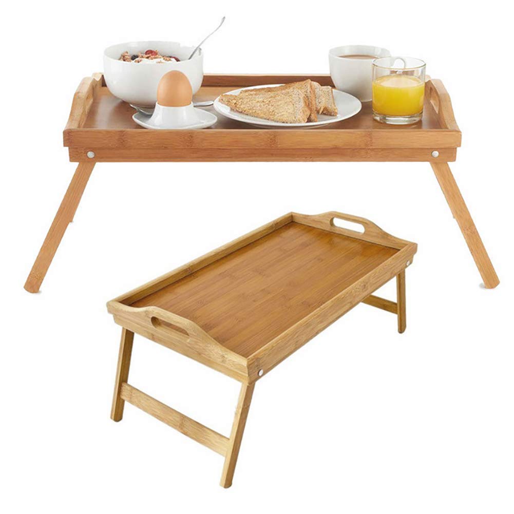 MODEZVOUS - Plateau Pliant en Bambou, Pliable Table de lit Plateau de Service Petit Déjeuner Snacks Genoux Table Table de Genou Poignées Facile à Nettoyer, Bambou
