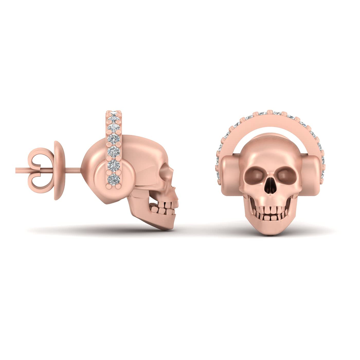 Orecchini a lobo a forma di teschio, finitura in oro rosa, in argento 925, con cuffie, stile hip hop, DJ, Pietra Oro rosa Argento, Diamante sintetico
