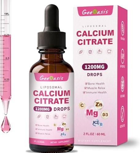 Liposomal Liquid Calcium Citrate Drops 1200MG, Liquid Calcium Magnesium Zinc Supplement for Women & Kids, with Vitamin C, D3 & K2, Boron, Bone & Muscle Health, Immune & Overall Support, 2 Fl Oz