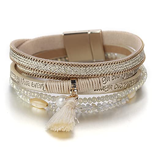 Bracelet tressé double enveloppe en strass et perles de cristal kaki