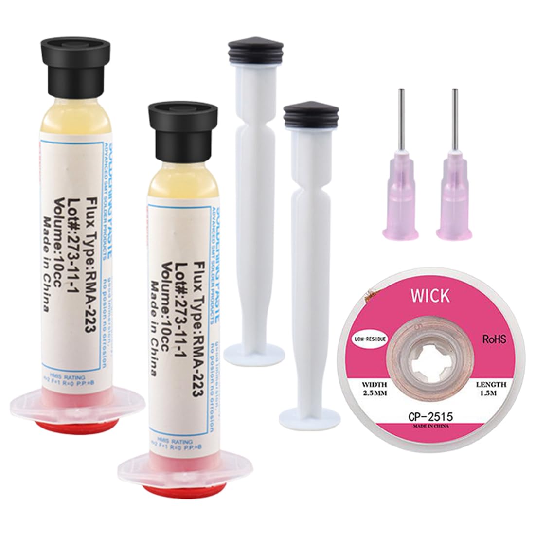2 Piezas Pasta de Soldar RMA-223 en Jeringas de 10cc Flux No Clean para Reparación de Electrónica, Gel Flux de Precisión para Soldadura SMD, Incluye Malla Desoldadora 2,5mmx1,5m