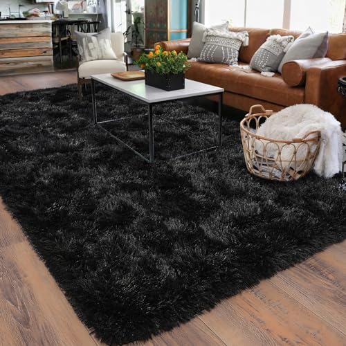 Black Rugs for Living Room 10x14, Soft Shaggy Modern Shag Area Rug for Bedroom, Upgrade Non-Slip Plush Fluffy Carpet for Kids Boys Girls Room Home Decor Aesthetic