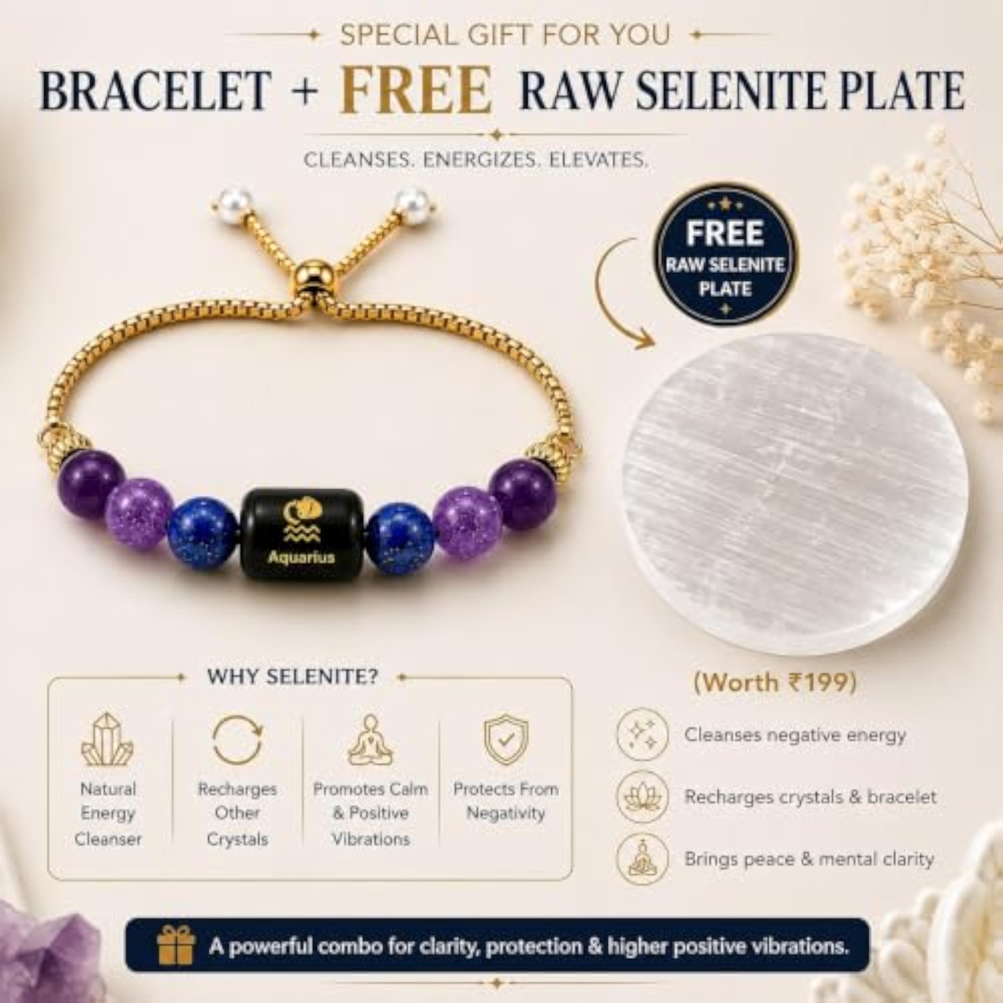 Aquarius Kumbh Rashi Crystal Bracelet with Adjustable Chain