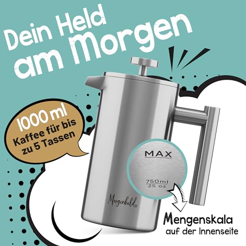 Morgenheld Premium French Press Edelstahl 1000 ml + 3 Ersatzfilter Stempelkanne isoliert Kaffeepresse 1l thermo Isolierkanne Kaffeebereiter doppelwandig Kaffeekanne 1000ml Kaffeedrücker Frenchpress 2