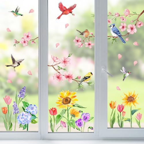 Yovkky Spring Summer Flower Birds Window Clings 4 Sheets, Sunflower Cherry Blossom Tulip Cardinal Blue Jay Hummingbird Stickers Decals Decor, Hydrangea Floral Seasonal Home Kitchen Decorations