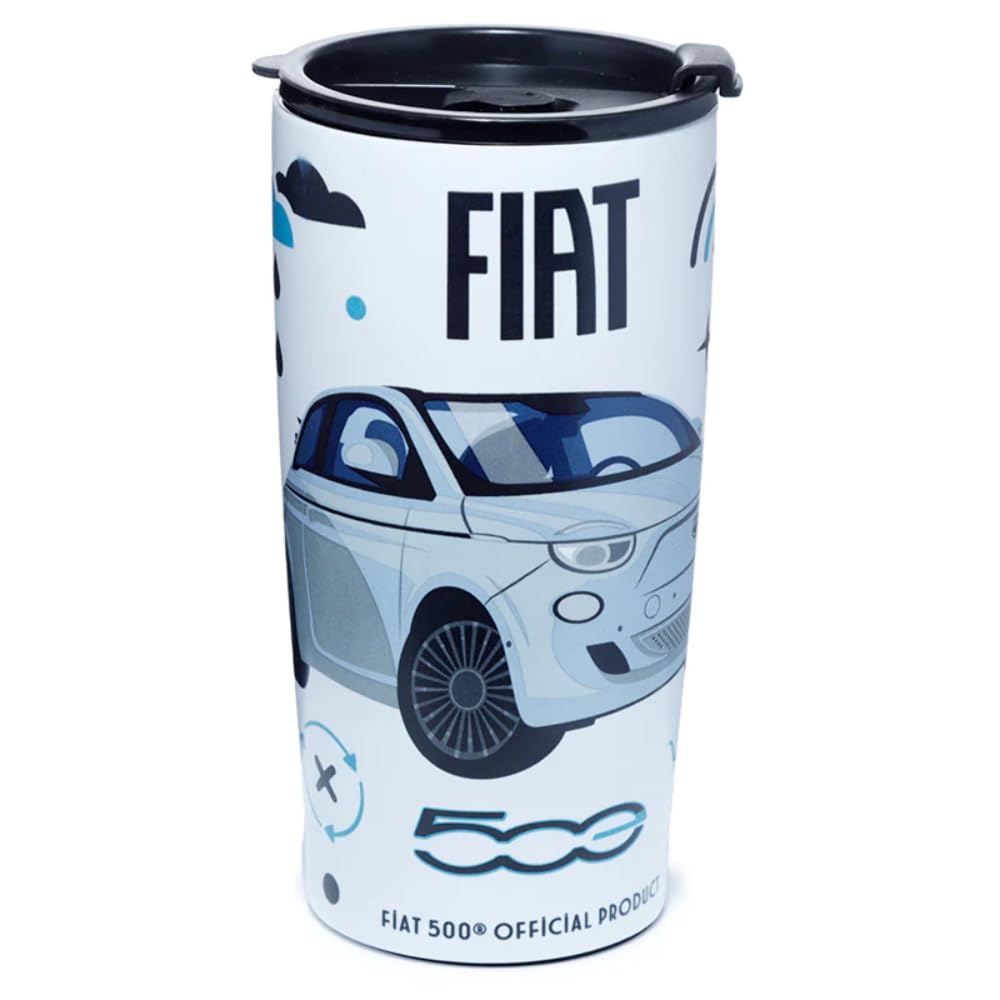 Puckator Fiat 500 E Reusable Stainless Hot & Cold Thermal Insulated Food & Drink Cup 500ml - Travel Mug - Tumbler with Straw and Lid - Insulated Bubba Cup - Thermal Drink Bottle