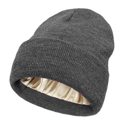 Hasdnker Gorros De Punto para Sombrero Tejido Beanie Gorro Unisex Antiestático con Forro De Satén para Mujer, Gorro Holgado con Puños Cálidos Y Forro De Seda para Invierno, Gorro para Dormir De 2 Cap
